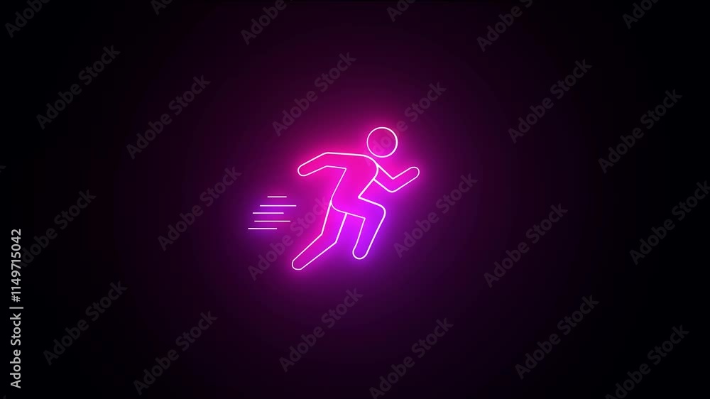 Poster glowing running man symbol animation on black background. people run icon animation. neon line a man