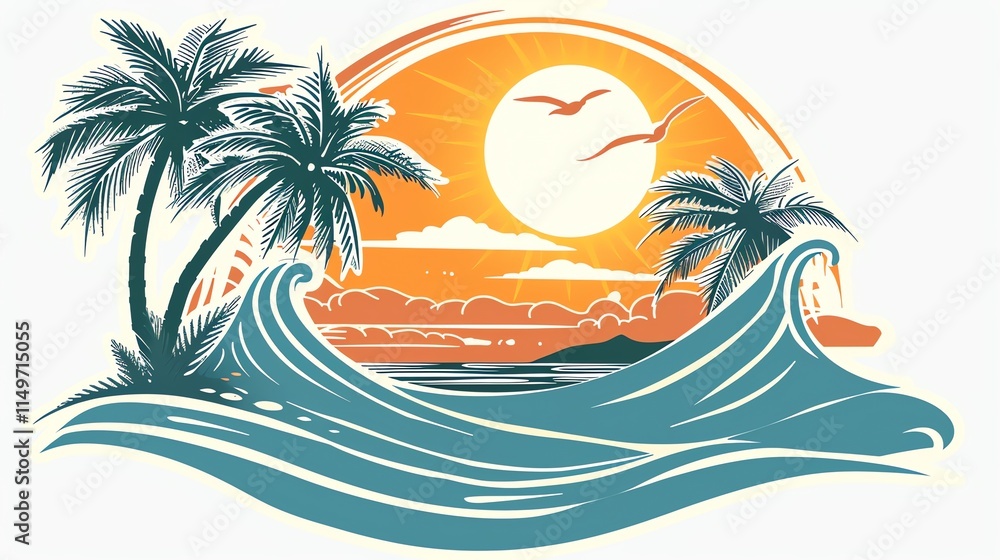 Poster palm trees and waves with a colorful sunset in the background.