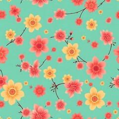 Fototapeta premium Floral Delight: Peach and Yellow Blossoms on Teal Background 