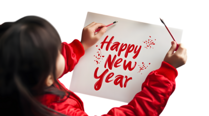 A child writing "Happy New Year" in Chinese calligraphy, isolated on transparent 