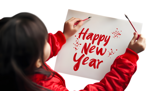 A child writing "Happy New Year" in Chinese calligraphy, isolated on transparent 