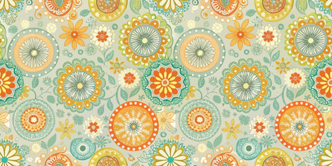 Colorful floral pattern with vibrant orange, green, and blue blooms.