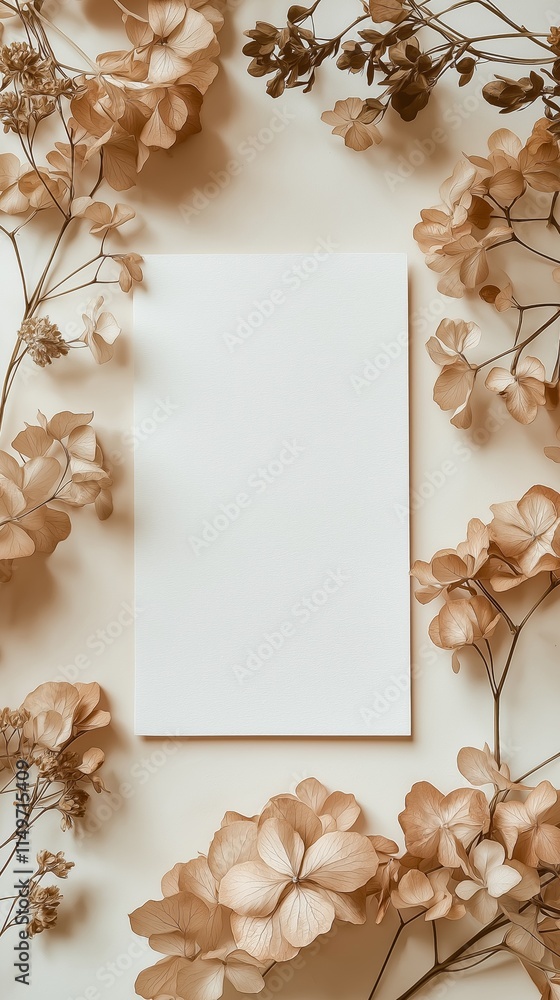 Poster delicate dried flowers frame an empty white paper mockup, inviting creativity and artistic expressio