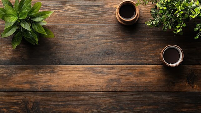 Natural rustic wooden table top view with a cup of coffee and houseplants on top. Copy space