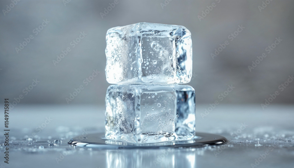 Poster ice cubes stacked on a reflective surface with water droplets creating a cool atmosphere in a kitche