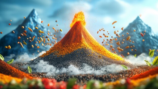 A stunning volcano erupts with a fiery display of spices, sending colorful particles into the air. Surrounded by majestic mountains, the artistic scene captivates with its creativity