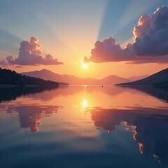 Obraz premium A calm lake at dawn with a bright sun peeking above the water, lake, clouds