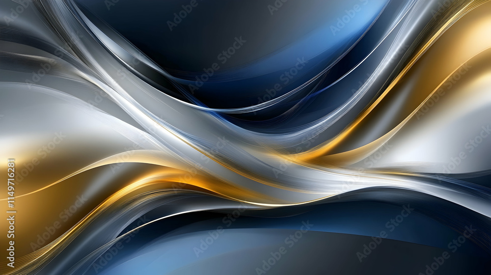 Poster abstract background with flowing waves of dark blue, gold, and silver, creating a sense of depth and