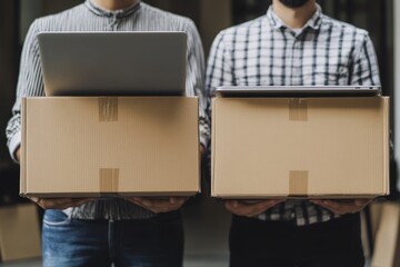 Two people holding cardboard boxes with laptop and keyboard in a professional stock photo