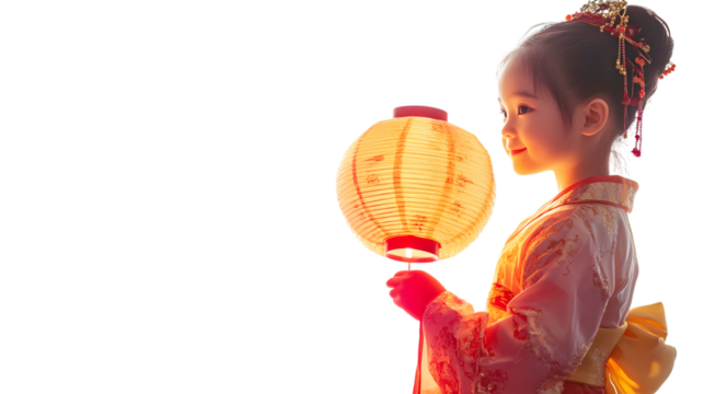A child in traditional Chinese attire holding a lantern, isolated on white
