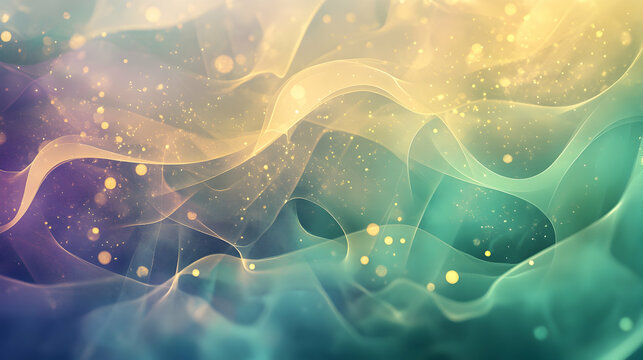 Abstract background with layered translucent shapes, subtle gradients of green, purple, and gold, and soft glowing light, creating a sophisticated and calming feel