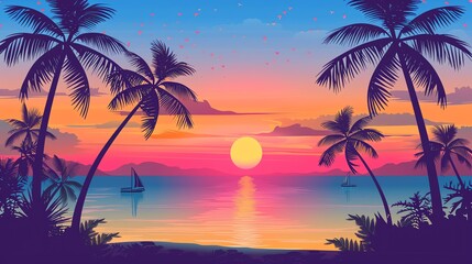 A colorful cartoon illustration of a tropical sunset scene.