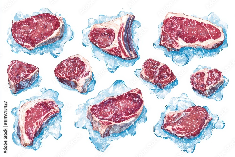 Poster a collection of various cuts of meat displayed on ice.