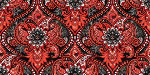 Vibrant floral pattern in red and black with intricate designs.