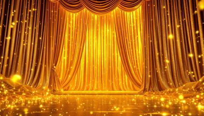 Golden stage curtains with sparkling lights create a dazzling atmosphere for an upcoming performance