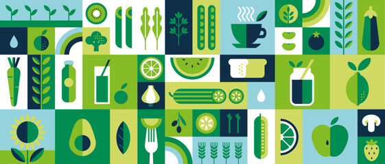 Healthy organic vegan food. Cooking dietary dishes. Vegetarian cafe. Set of icons in flat geometric style. Abstract modern background.Vegetables, fruits, green tea and smoothies. Vector illustration. 