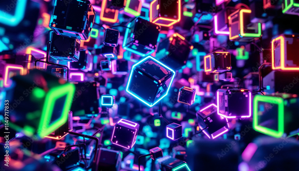 Aufkleber colorful neon cubes create a vibrant 3d effect in a dynamic space filled with energy and movement