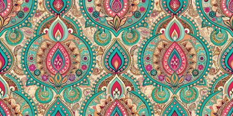 Vibrant paisley pattern in teal, pink, and gold hues, featuring intricate floral designs.