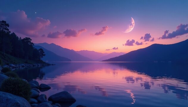 A crescent moon rises above the peaceful landscape of Yesa lake and its surroundings during a calm twil, calmness, twi, yesa lake