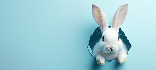 Obraz premium Adorable White Rabbit Peeking Through a Hole in Blue Paper Background, Captivating Easter Bunny Image