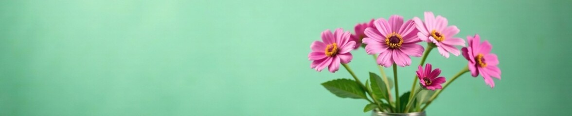 Obraz premium A delicate arrangement of pink and purple flowers in a vase against a soft green background, vase, pink magenta purple green, flowers