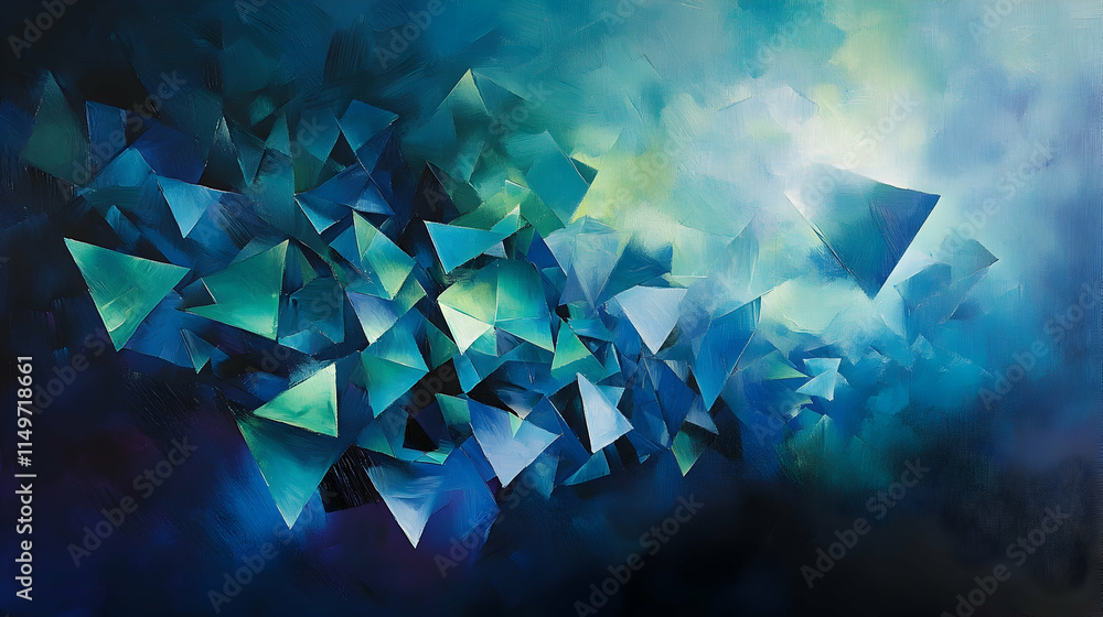 Aufkleber abstract composition with fragmented, angular shards in shades of blue and green, scattered across a