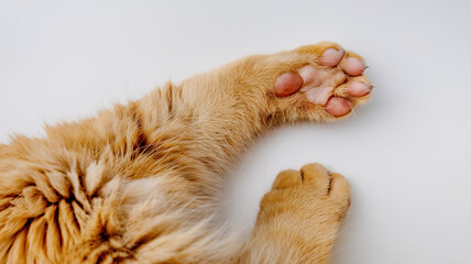 Close-Up View of a Cat's Orange Paw and Soft, Fluffy Fur, with Pads and Claws Visible Against a Plain White Background, Highlighting the Texture and Vibrant Color of the Cat's Features.