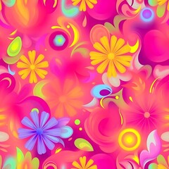 Fototapeta premium Vibrant Floral Fantasy: A seamless pattern explodes with color, featuring bright, stylized flowers and swirling abstract shapes in a dazzling array of pinks, oranges, and purples.