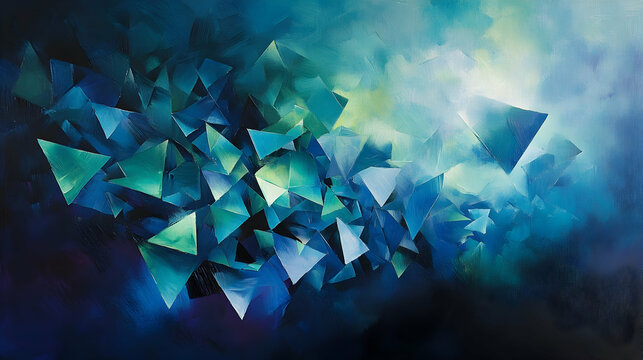 Abstract composition with fragmented, angular shards in shades of blue and green, scattered across a dark, cloudy atmosphere with soft glowing edges