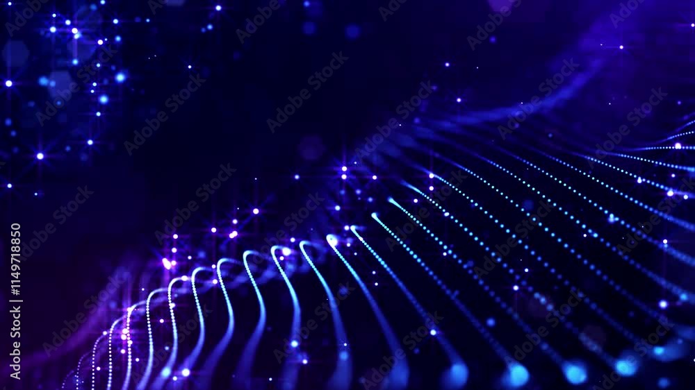 Poster vj loops strings. experience the beauty of abstract purple waves set against a mesmerizing starry ba