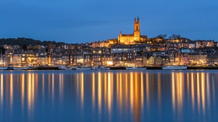 Fototapeta premium Twilight cityscape with harbor, church, and reflections.