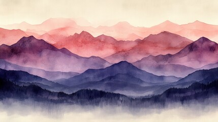Watercolor painting of layered mountains in sunset hues.
