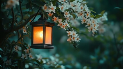 Illuminated lantern hanging from a blossoming tree branch at dusk.