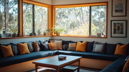 Fototapeta premium Sunlit living room with corner sofa, wooden coffee table, and large windows offering scenic view.
