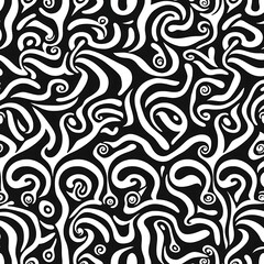 Abstract Swirls Seamless Pattern: A mesmerizing black and white pattern with swirling, organic shapes that create a dynamic and captivating visual experience. Perfect for textile design, wallpaper.
