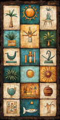 Egypt style art, A decorative collage featuring ancient symbols, plants, and sun motifs, set against a textured background, evoking a historical or cultural theme.
