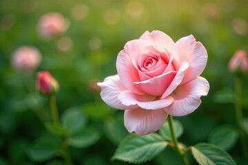 Obraz premium A delicate, pale pink rose unfolding its petals in a lush green field of flowers, blooming, natural, serene