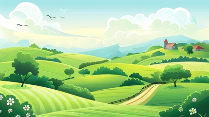 Obraz premium A cartoon landscape with a winding road in the foreground, rolling green hills, a small village, and a blue sky.
