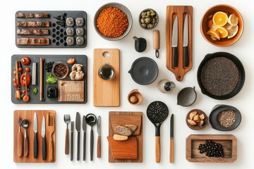 A flat lay of various kitchen utensils and food items, showcasing culinary preparation.