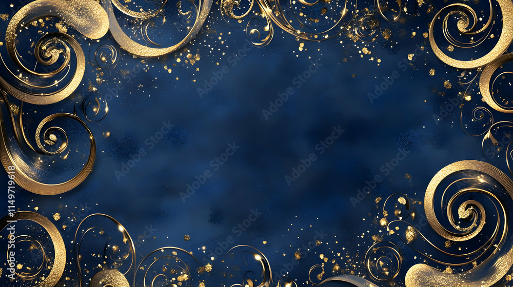 Poster an abstract background with intricate gold particles forming a swirl on a deep navy-blue gradient, e