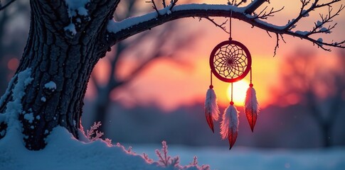 A dream catcher suspended in mid-air within the branches of a bare winter tree under a serene sunset sky, winter dreamcatcher tree sunset, dreamy night sky, frosty landscape