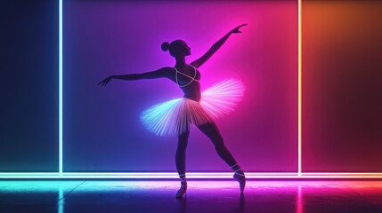 Obraz premium Ballerina in neon-lit studio, graceful pose, colorful tutu.