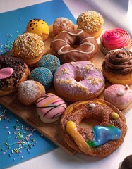 Generated image Colorful assortment of sugary sweets, donuts, and pastries with sprinkles and vibrant decorations