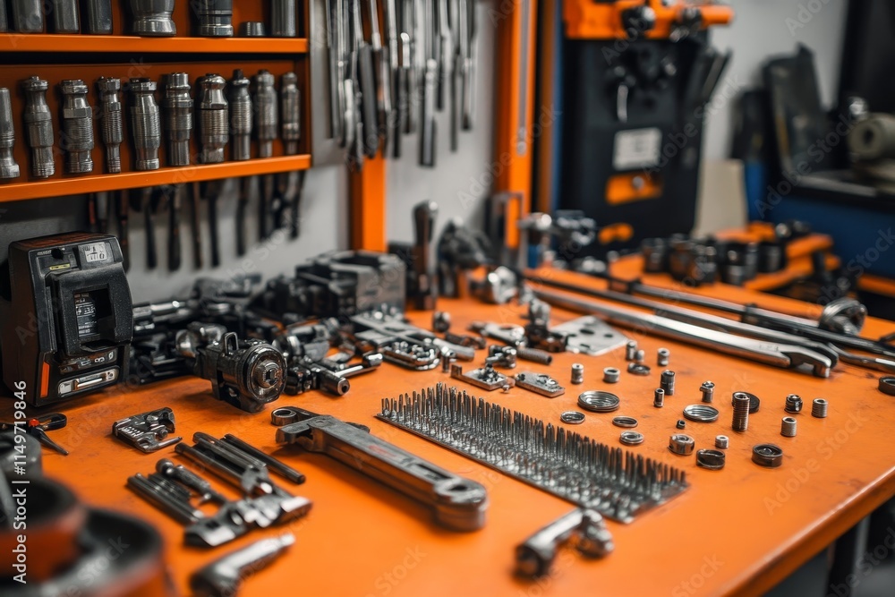 Aufkleber mechanical tools and components organized on a bright orange workbench for efficient workflows
