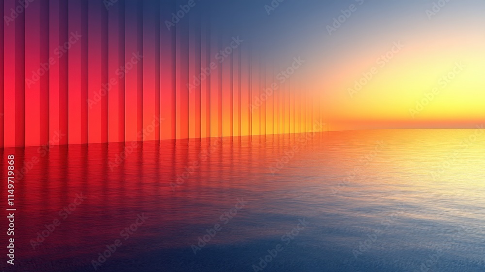 Poster sunset reflection on calm water with red vertical lines.