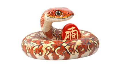 A cartoon snake wrapped around a red Chinese character for prosperity, isolated on transparent 