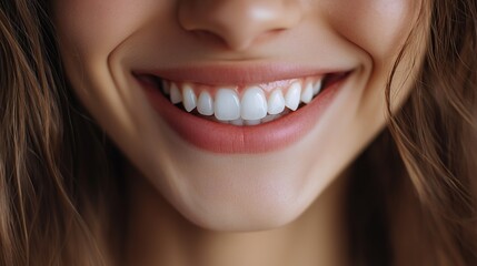 Obraz premium Close-up of a woman smiling with healthy teeth and red lipstick