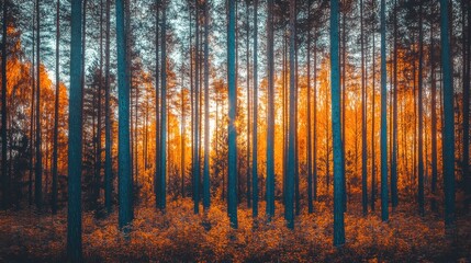 Obraz premium Serene Autumn Forest Landscape at Sunset with Tall Trees and Vibrant Orange and Yellow Foliage Creating a Breathtaking Nature Scene in the Wilderness