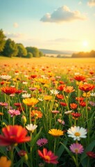 Fototapeta premium A field of flowers stretches out to the horizon against an abstract background of warm tones, countryside photography, natural scenery