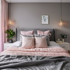 Generated image Cozy bed styled with soft pink and gray linens, creating a warm and inviting atmosphere